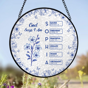 God Says I Am Name Letter In Bible Toile De Jouy Style - Personalized Stained Glass Suncatcher CH07 896962