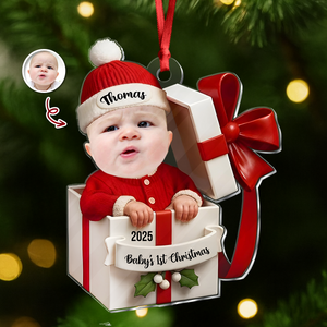 Personalized Baby in Gift Box Christmas 2D Flat Acrylic Ornament, Custom Baby Photo Ornament, Baby’s First Christmas Gift CH07 895338