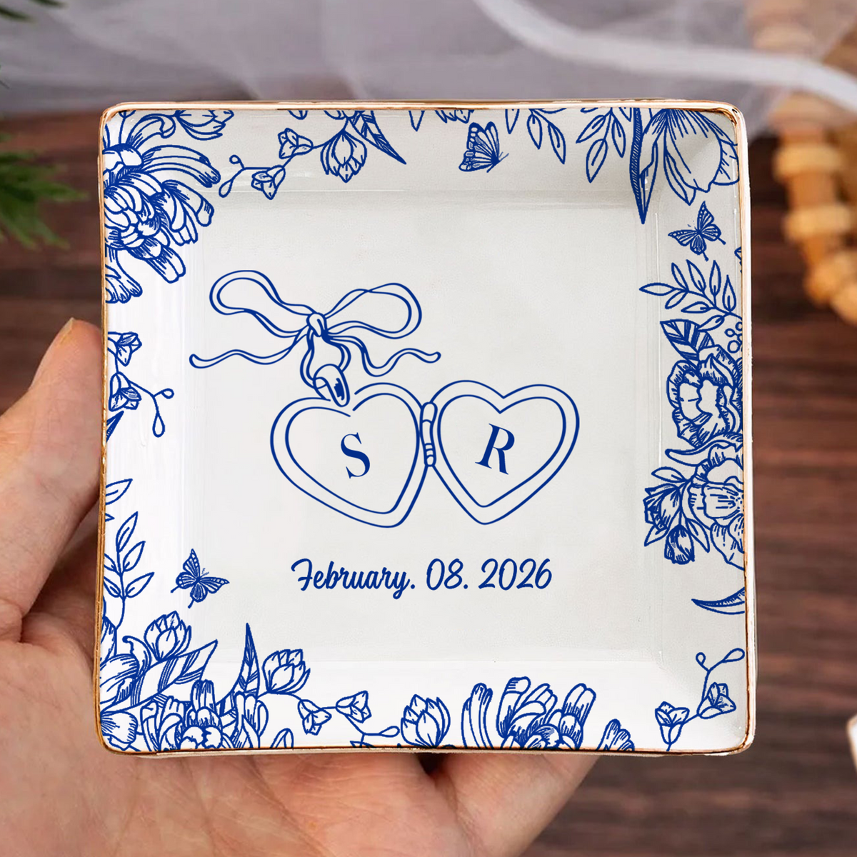 Personalized Toile De Jouy Locked Ring Dish Gift for Bride, Engagement Gift, Anniversary LM32 899251