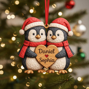Personalized Penguin Couple First Christmas 2 Layers Wooden Ornament LM32 897519