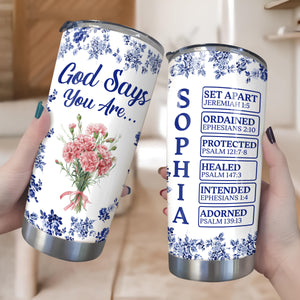 Personalized Name Letter God Says I Am Flower Toile De Jouy Style Fat Tumbler LM32 895361