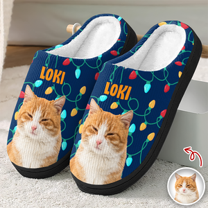 Custom Photo Cat Christmas Lights Slippers Unique Funny Gift HA75 897694