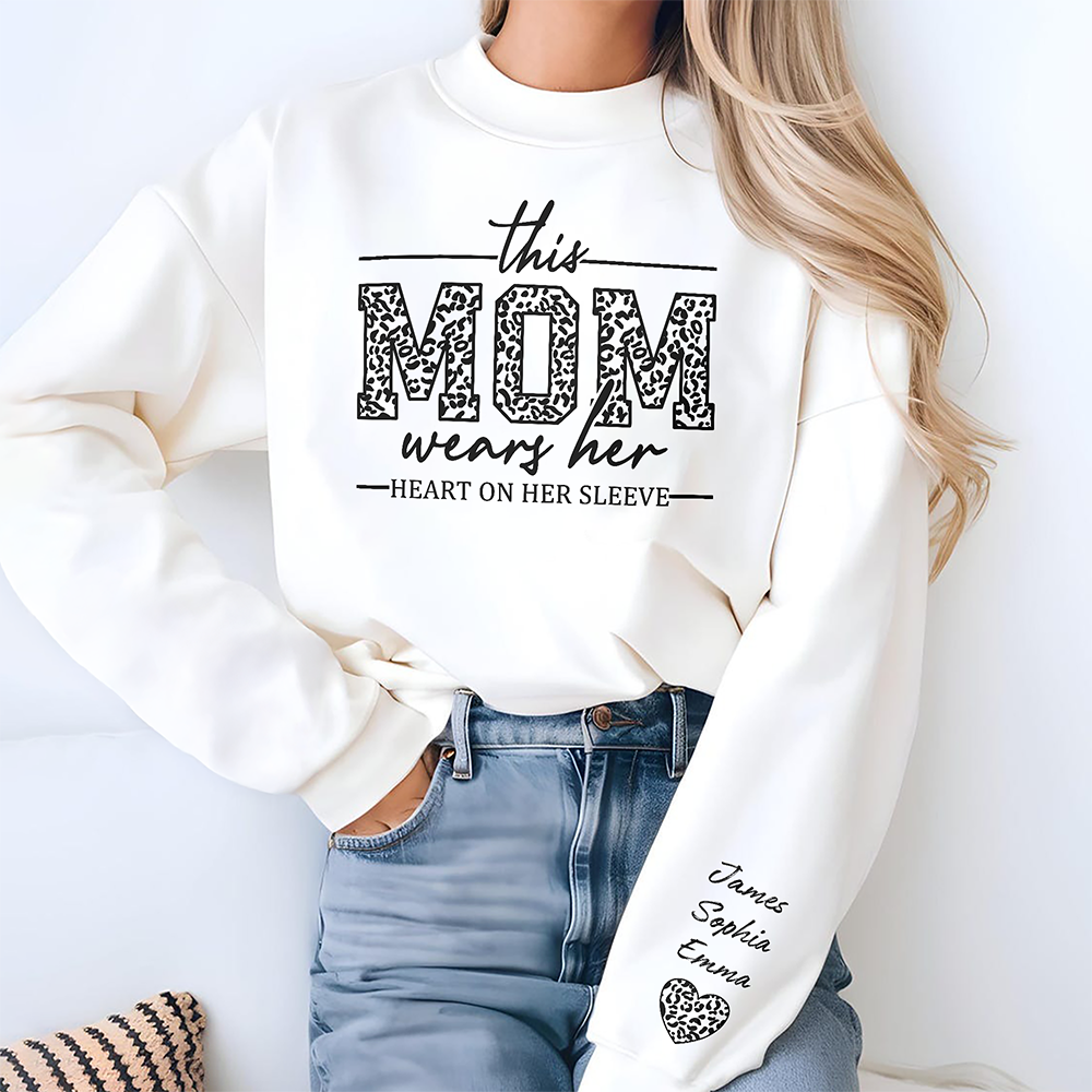 Personalized This Mom Wears Her Heart On Her Sleeve Printed Sweatshirt LM32 899095