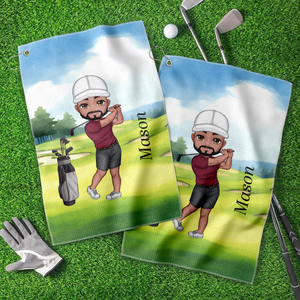 Personalised Soft Quick Dry Cartoon Character Golf Waffle Towel with Carabiner Golf Accessories Birthday Gift for Golf Player HO82 900916