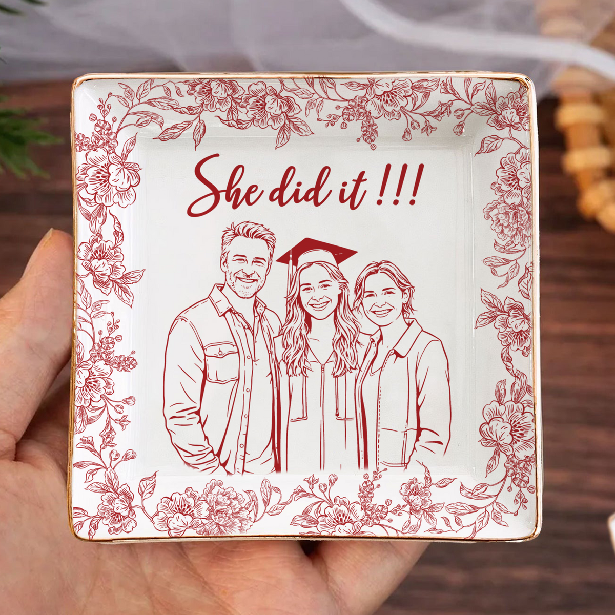 Custom Photo Best Friend Graduation Jewelry Dish, Personalized Toile Trinket Tray HO82 901612