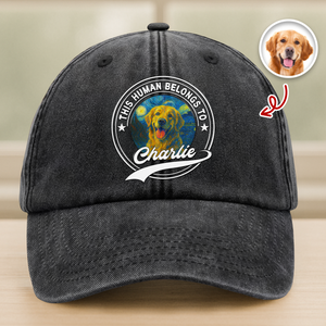 Custom Photo This Human Belongs To Dog Van Gogh Style Washed Denim Baseball Cap HA75 897214