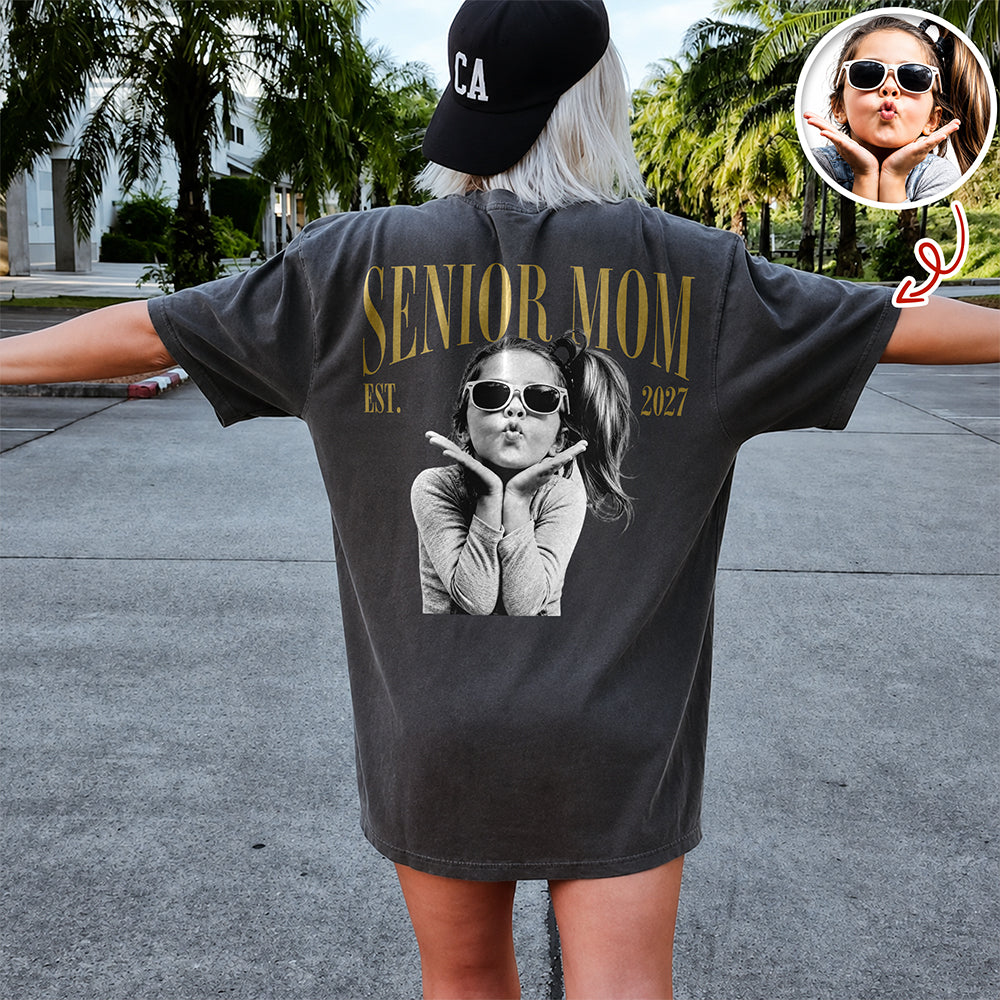 Custom Retro Photo Senior Mom EST. 2027 Back Comfort Shirt - Personalized Class of 2027 Gift, Proud Family Gift HO82 903264