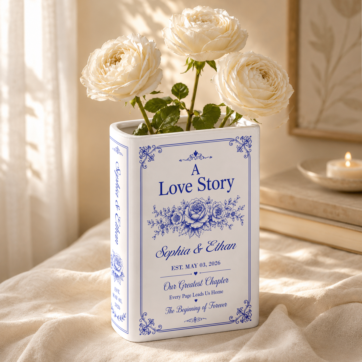 Personalized A Love Story Toile De Jouy Ceramic Book Vase Bridal Shower Gift, Engagement Gift CH07 180436