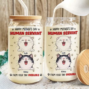 Happy Mother's Day Human Servant Funny Personalized Glass Can With Lid Gift For Cat Lovers CH07 895446