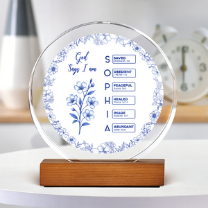 God Says I Am Name Letter In Bible Toile De Jouy Style Round Acrylic Frame Block HO82 894636