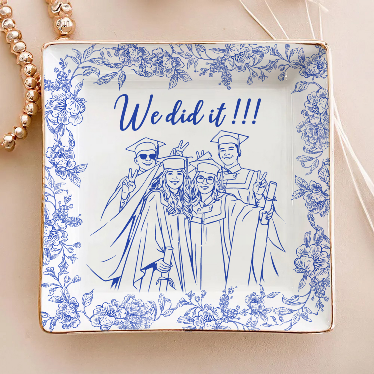 Custom Photo Best Friend Graduation Jewelry Dish, Personalized Toile Trinket Tray HO82 901612