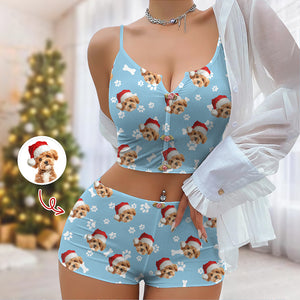 Custom Dog Cat Photo Colorful Background Christmas Appliques Notched Neckline Lingerie Set LM32 893903
