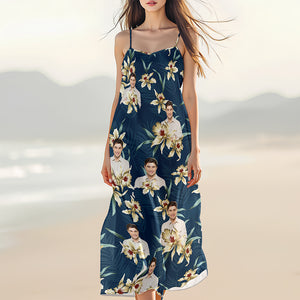 Custom Face Photo With Lily Flowers Women's V-neck Cami Maxi Dress TH10 892635