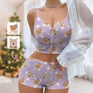 Custom Dog Cat Photo Colorful Background Christmas Appliques Notched Neckline Lingerie Set LM32 893903