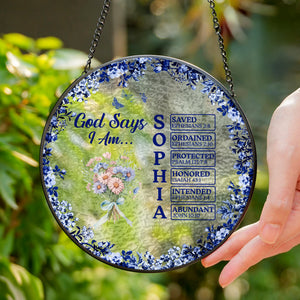 Custom Name Letter God Says I Am Flower Toile De Jouy Style Stained Glass Suncatcher LM32 895393