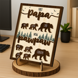 Papa Bear With Kid Name Family 2-Layered Wooden Plaque With Stand Personalized Gift For Father's Day, Dad HO82 894042