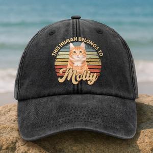 Custom Photo This Human Belongs To Dog, Cat Washed Denim Baseball Cap HA75 892512