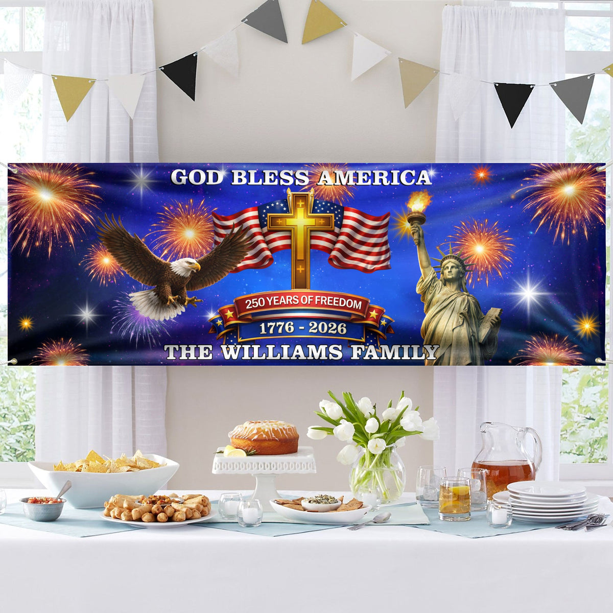 Custom Family Name 250 Years of Freedom God Bless America 1776 - 2026 Banner HO82 902158