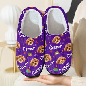 Custom Photo With Paw And Bowl Pattern Dog Cat Plush Slippers HO82 900304