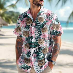 Custom Photo Funny Face Cat Tropical Floral Hawaii Shirt HA75 892262