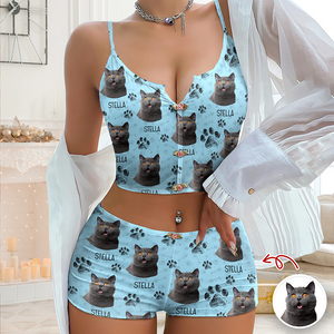Custom Portrait Photo Dog Cat Christmas Appliques Notched Neckline Lingerie Set LM32 893905