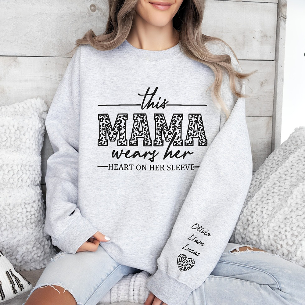 Personalized This Mom Wears Her Heart On Her Sleeve Printed Sweatshirt LM32 899095