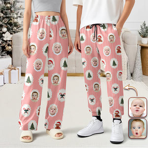 Custom Cute Photo Santa Christmas Green Tree Striped Pattern Sweatpants LM32 897419