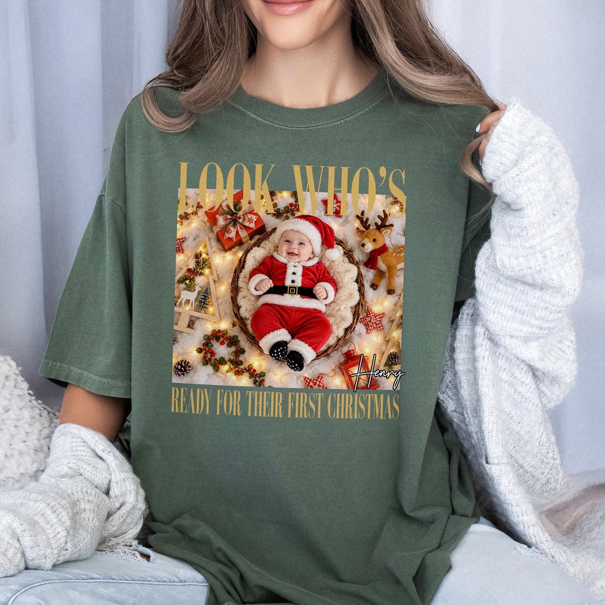 Look Who's Celebrating Their First Christmas - Custom Baby Photo First Christmas Comfort Shirt CH07 180612