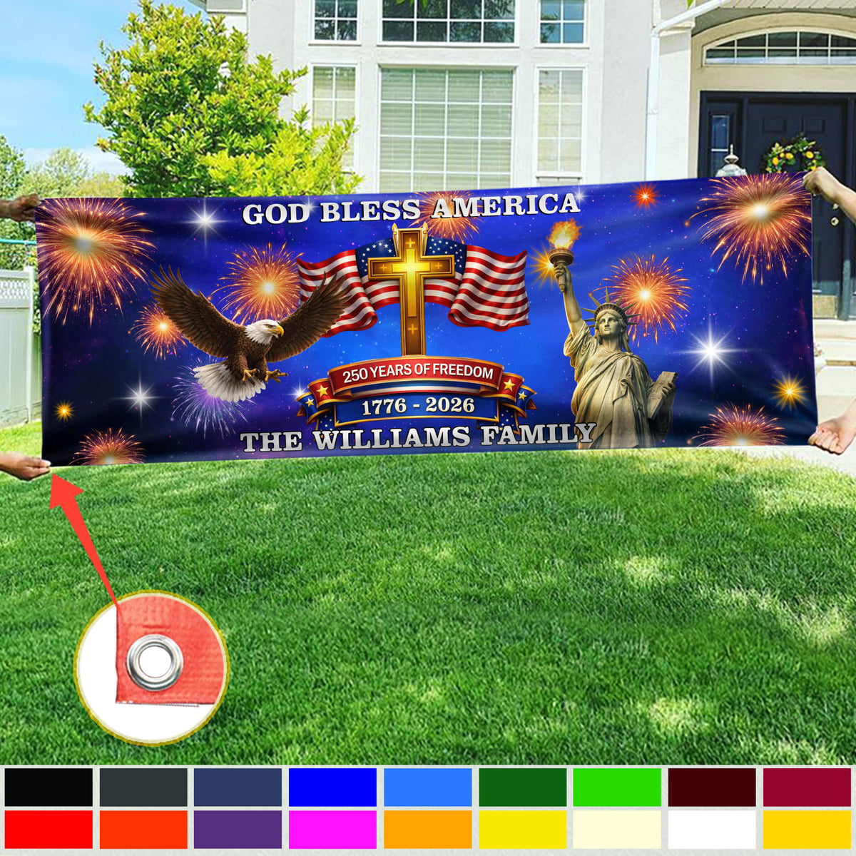 Custom Family Name 250 Years of Freedom God Bless America 1776 - 2026 Banner HO82 902158