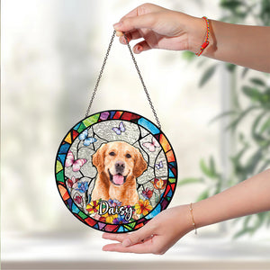 Custom Dog Photo With Flower Memorial Stained Glass Suncatcher, Pet Loss Gift HO82 894318