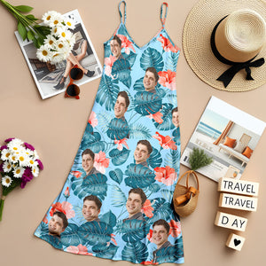 Custom Human Photo Hawaiian Style Women's V-Neck Cami Maxi Dress For Summer Beach Holiday HO82 893596