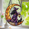 Custom Name Witch & Cat Halloween Stained Glass Suncatcher - Personalized Spooky Window Hanging CH07 180186