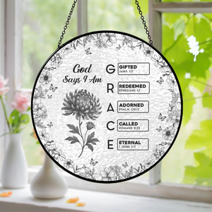 God Says I Am Name Letter In Bible Toile De Jouy Style - Personalized Stained Glass Suncatcher CH07 896962