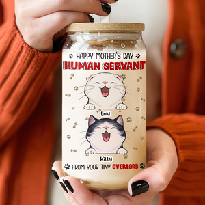 Happy Mother's Day Human Servant Funny Personalized Glass Can With Lid Gift For Cat Lovers CH07 895446