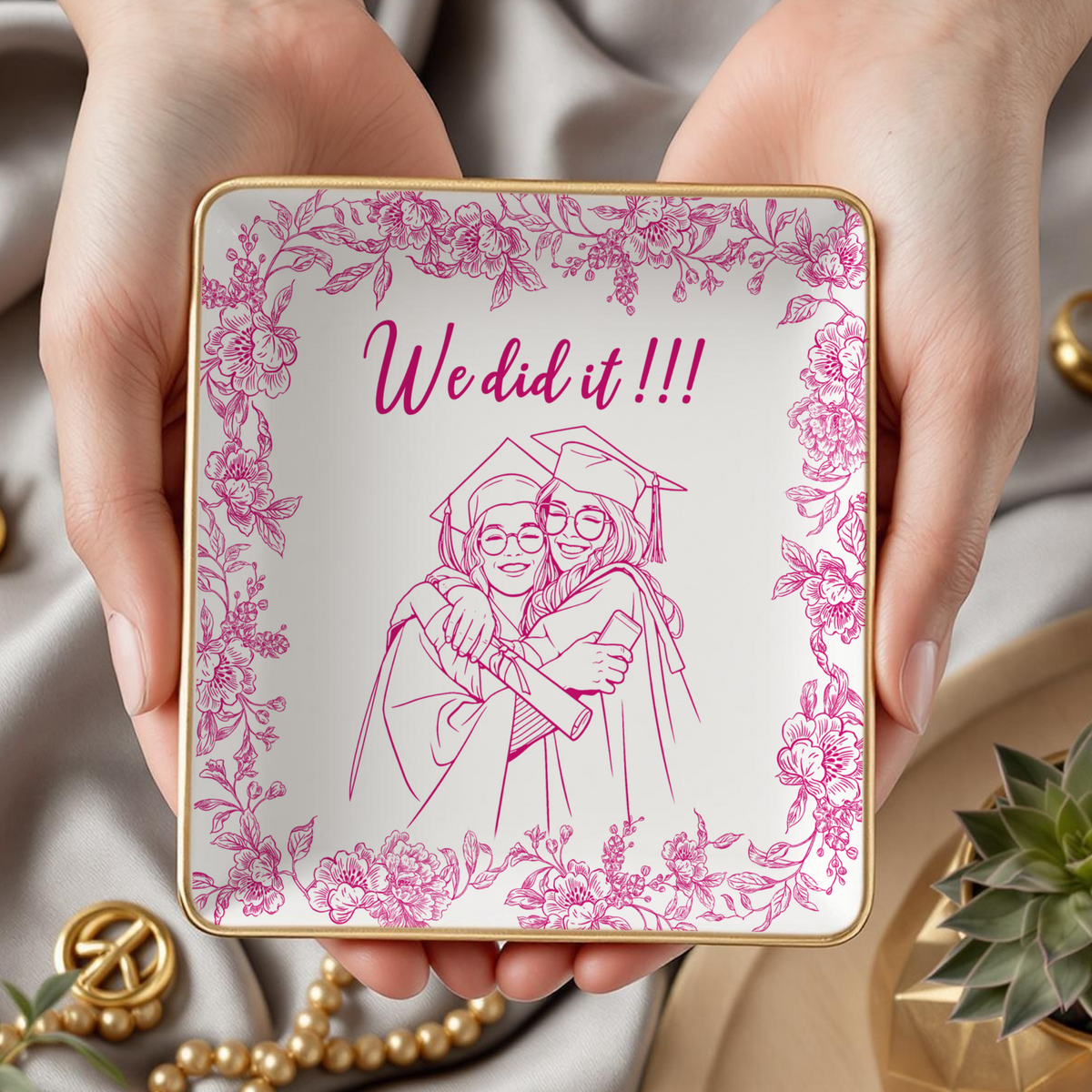 Custom Photo Best Friend Graduation Jewelry Dish, Personalized Toile Trinket Tray HO82 901612