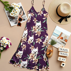 Custom Dog Photo With Lily Flowers Women's V-neck Cami Maxi Dress For Dog Lover TH10 892637