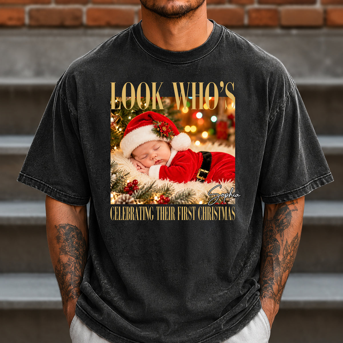 Look Who's Celebrating Their First Christmas - Custom Baby Photo First Christmas Comfort Shirt CH07 180612