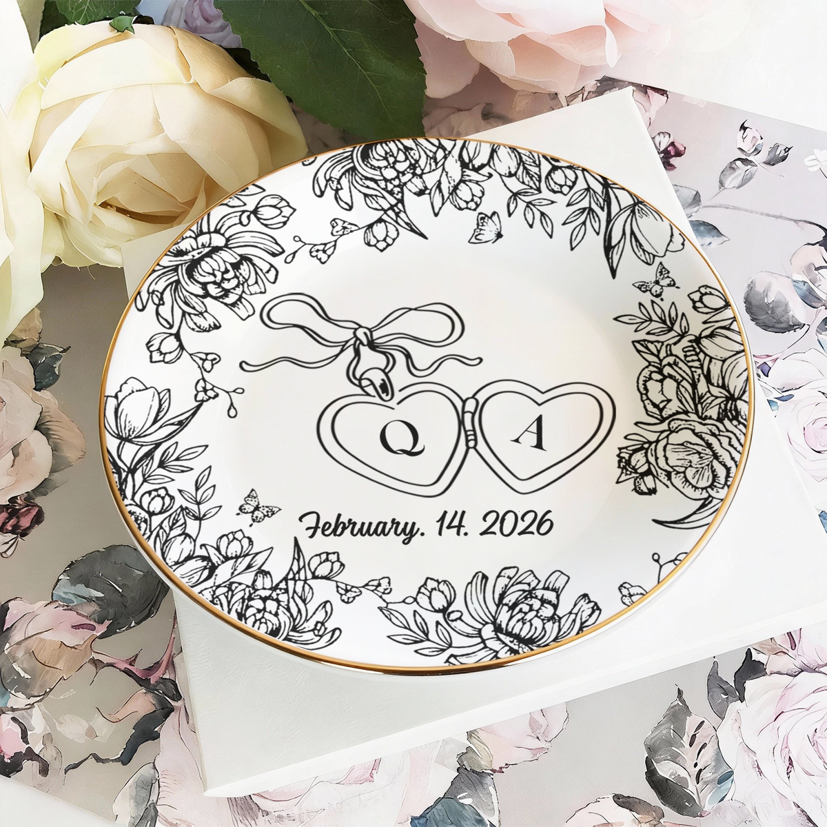 Personalized Toile De Jouy Locked Ring Dish Gift for Bride, Engagement Gift, Anniversary LM32 899251