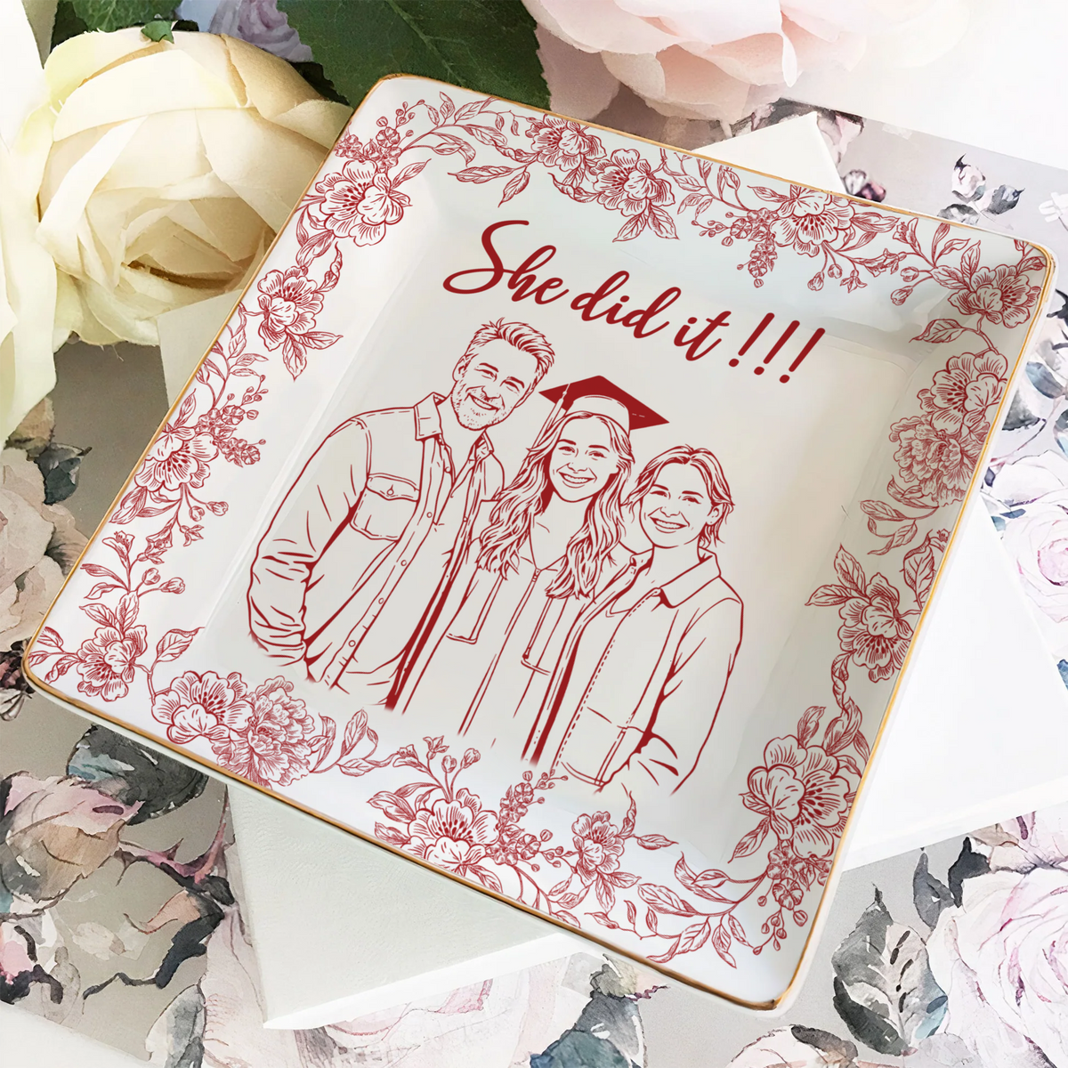 Custom Photo Best Friend Graduation Jewelry Dish, Personalized Toile Trinket Tray HO82 901612