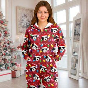 Custom Dog Face Photo With Colorful Christmas Lights Onesie Pajamas HO82 900200