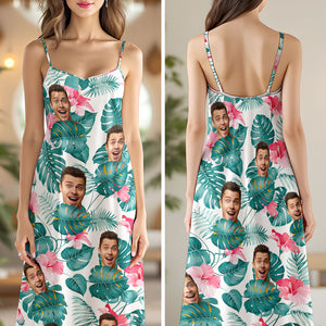 Custom Human Photo Hawaiian Style Women's V-Neck Cami Maxi Dress For Summer Beach Holiday HO82 893596