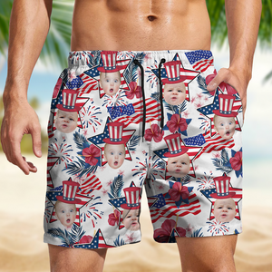 Custom Photo US Flag With Hawaii Pattern Man Beach Shorts, Father's Day Gift, For Dad HO82 894054
