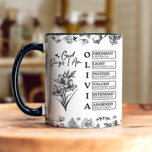 Personalized God Says I Am Name Letter In Bible Birth Flower Toile De Jouy Style Accent Mug HO82 894652