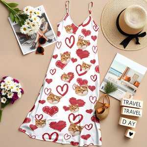 Custom Photo Love Heart Cat Women's V-Neck Cami Maxi Dress HO82 893738