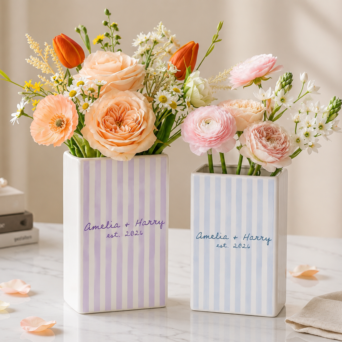 Personalized Striped Couple Name Ceramic Book Vase Engaged Gift, Gift For Bride, Wedding Couple Gift CH07 180094