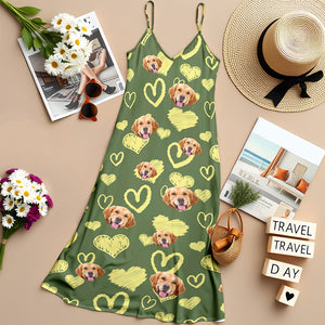 Custom Photo Love Heart Dog Women's V-Neck Cami Maxi Dress HO82 893740