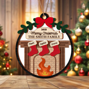 Personalized Family Holiday Fireplace Stocking 2 Layer Wooden Ornament HA75 892770