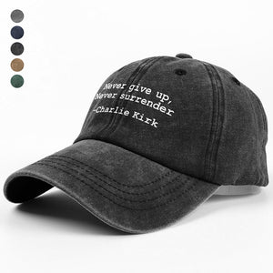 Never surrender Charlie Kirk Washed Denim Baseball Cap HA75 64460
