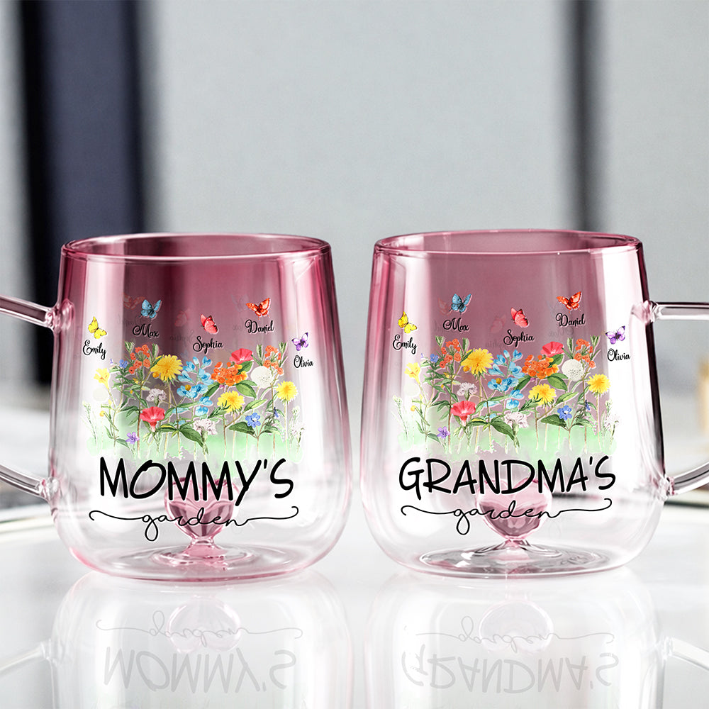 Custom Kids' Names Flower Grandma's Garden Pink Gradient Glass Mug Mother's Day Gifts HO82 901778