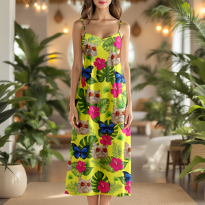 Custom Cat Photo Tropical Hawaii Style Personalized Women's V-Neck Cami Maxi Dress For Summer Holiday CH07 895674